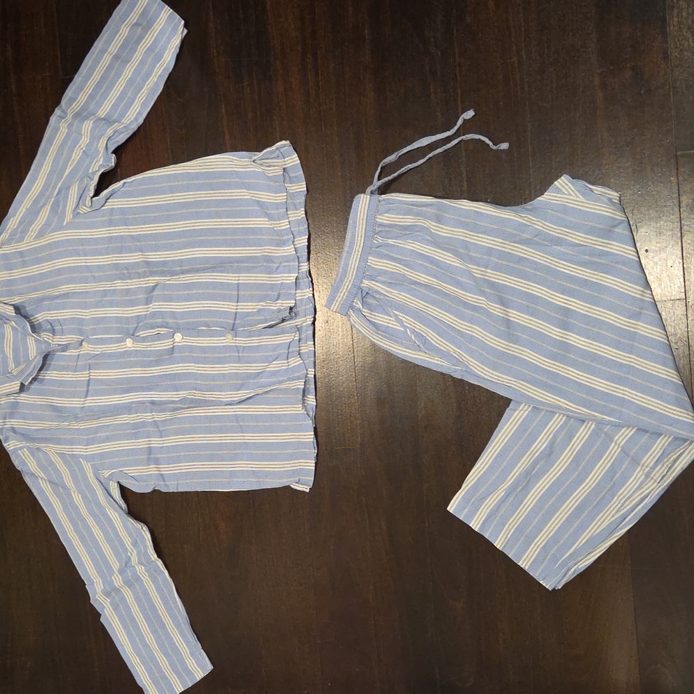 WOMEN'S OYSHO BLUE & WHITE PINSTRIPE LOUNGE PAJAMA PJ SET SZ LARGE $50